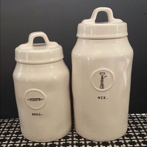 Rae Dunn White Ceramic Canisters Set if Two, Roll and Mix NWT